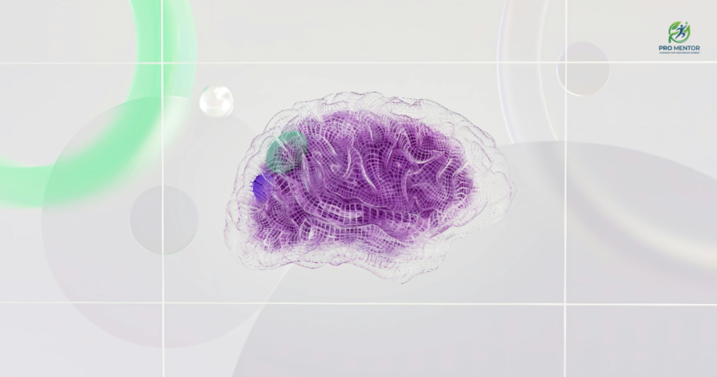 A futuristic, translucent purple wireframe of a human brain with glowing green and blue highlights on a clean, geometric background.