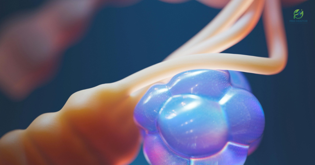 A high-quality 3D render of a glowing blue molecular structure, possibly representing a neurotransmitter like serotonin or a beneficial microbe.