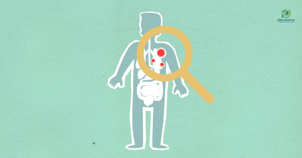 A stylized illustration of a human body with a magnifying glass highlighting the chest and digestive area, showing small red inflammation spots.